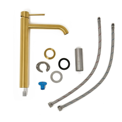 Aurum set mitigeur lavabo haut en acier inoxydable + mitigeur cuisine avec douchette extractible, or brossé (SATBA286BG)