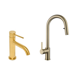 Aurum set mitigeur lavabo + mitigeur cuisine Ceramia Timeless acier inoxydable, douchette extractible, or brossé (SATTMLBA285BG)