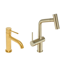 Aurum mitigeur lavabo + mitigeur cuisine Ceramia Timeless acier inoxydable, douchette extractible, or brossé (SATTMLBA185BG)