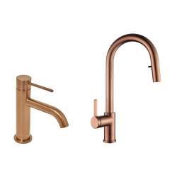 Aurum set mitigeur lavabo + mitigeur cuisine Ceramia Timeless acier inoxydable, douchette extractible, or rose (SATBA285BRG)