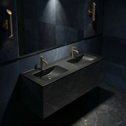 Modena 121x46x17,5 cm lavabo double vasque en céramique, 2 trous de robinetterie, avec trop-plein, noir mat (M12046BKM)