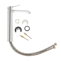 set mitigeur lavabo haut + mitigeur cuisine avec douchette extractible et bras pivotant, chrome (SATINFBSD285)