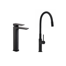 set mitigeur lavabo haut + mitigeur cuisine, bec flexible, aérateur Neoperl®, noir mat (SATBS285C)