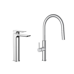 set mitigeur lavabo haut, sans vidage + mitigeur cuisine avec douchette extractible 2 jets, chrome (SATBSBD285)