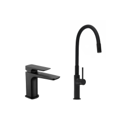 set mitigeur lavabo sans vidage + mitigeur cuisine, bec flexible, aérateur Neoperl®, noir mat (SATBSBDR271CM)