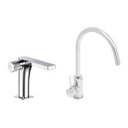 set mitigeur lavabo sans vidage + mitigeur cuisine 36,3 cm avec bras pivotant, chrome (SATBSUR271CR)