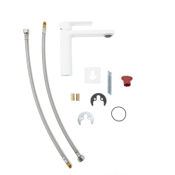 set mitigeur lavabo à levier sans vidage + mitigeur cuisine bec flexible, aérateur Neoperl®, blanc (SATBSD271B)