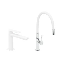 set mitigeur lavabo à levier sans vidage + mitigeur cuisine bec flexible, aérateur Neoperl®, blanc (SATBSD271B)