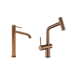 Aurum set mitigeur lavabo + mitigeur cuisine Ceramia Timeless acier inoxydable, douchette extractible, or rose (SATBA285BCRG)