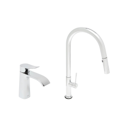 set mitigeur lavabo avec bec cascade + mitigeur cuisine, douchette extractible et bras pivotant, chrome (SATINFBSDBS271)