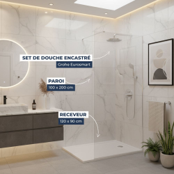 Pack Douche Complet – Paroi Walk-In 100x200 Chrome + Colonne Grohe Eurosmart 2 Jets + Receveur Marbre Coulé Blanc 120x80 (SAT100