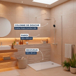 Pack Douche Complet – Paroi Walk-In 100x200 Chrome + Colonne Grohe Vitalio 2 Jets + Receveur Marbre Coulé Blanc 120x90 (SAT100C8