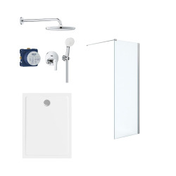 Pack Douche Complet – Paroi Walk-In 100x200 Chrome + Colonne Grohe Eurosmart 2 Jets + Receveur Marbre Coulé Blanc 120x90 (SAT100