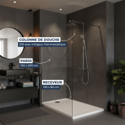 Pack Douche Complet – Paroi Walk-In 120x200 Chrome + Colonne SAT 3 Jets + Receveur Marbre Coulé Blanc 120x80 (SAT120C7PR128W)