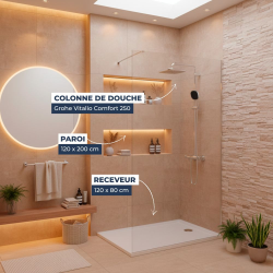Pack Douche Complet – Paroi Walk-In 120x200 Chrome + Colonne Grohe Vitalio 2 Jets + Receveur Marbre Coulé Blanc 120x80 (SAT120C8