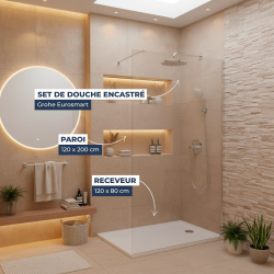 Pack Douche Complet – Paroi Walk-In 120x200 Chrome + Colonne Grohe Eurosmart 2 Jets + Receveur Marbre Coulé Blanc 120x80 (SAT120