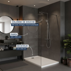 Pack Douche Complet – Paroi Walk-In 120x200 Chrome + Colonne SAT 3 Jets + Receveur Marbre Coulé Blanc 120x90 (SAT120C7PR129W)