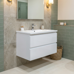 B-Way 79x50x45 cm meuble de salle de bain suspendu avec lavabo en marbre coulé, 2 tiroirs, blanc brillant (BWAY280WU)