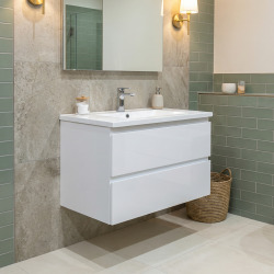Meuble de salle de bain suspendu 80 cm avec lavabo en marbre coulé, 2 tiroirs, blanc brillant, SAT B-Way (BWAY280WU)