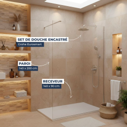 Pack Douche Complet – Paroi Walk-In 140x200 Chrome + Colonne Grohe Eurosmart 2 Jets + Receveur Marbre Coulé Blanc 140x90 (SAT140