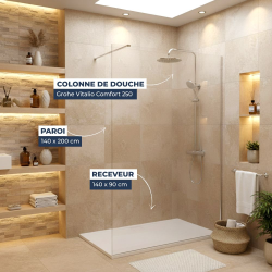Pack Douche Complet – Paroi Walk-In 140x200 Chrome + Colonne SAT 3 Jets + Receveur Marbre Coulé Blanc 140x80 (SAT100C7VI148W)