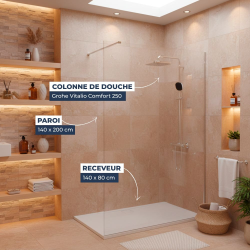Pack Douche Complet – Paroi Walk-In 140x200 Chrome + Colonne Grohe Vitalio 2 Jets + Receveur Marbre Coulé Blanc 140x80 (SAT140C8