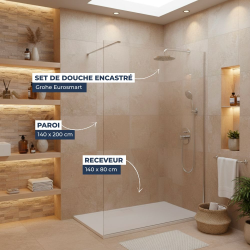 Pack Douche Complet – Paroi Walk-In 140x200 Chrome + Colonne Grohe Eurosmart 2 Jets + Receveur Marbre Coulé Blanc 140x80 (SAT140