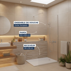Pack Douche Complet – Paroi Walk-In 100x200 Chrome + Colonne Grohe Tempesta 3 Jets + Receveur Marbre Coulé Blanc 120x90