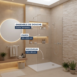 Pack Douche Complet – Paroi Walk-In 120x200 Chrome + Colonne Grohe Tempesta 3 Jets + Receveur Marbre Coulé Blanc 120x80 (SAT120C
