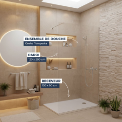 Pack Douche Complet – Paroi Walk-In 120x200 Chrome + Colonne Grohe Tempesta 3 Jets + Receveur Marbre Coulé Blanc 120x90 (SAT120C