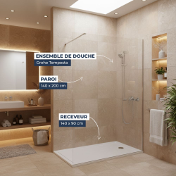 Pack Douche Complet – Paroi Walk-In 140x200 Chrome + Colonne Grohe Tempesta 3 Jets + Receveur Marbre Coulé Blanc 140x90 (SAT140C