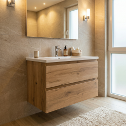 B-Way 79x50x45 cm meuble de salle de bain suspendu 2 tiroirs avec lavabo en marbre coulé, chêne mat (BWAY280OAKU)