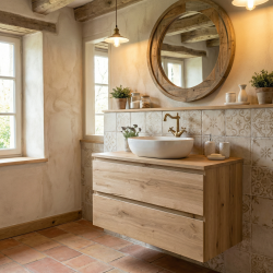 B-Way 99x50x45 cm meuble de salle de bain suspendu avec plaque de recouvrement, 2 tiroirs, chêne mat (BWAY2100OAKDESK)