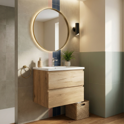 B-Way 59x50x45 cm meuble de salle de bain suspendu 2 tiroirs avec lavabo en marbre coulé, chêne mat (BWAY260OAKU)