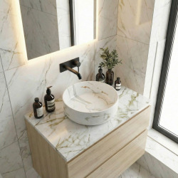 Vasque à poser ronde en céramique diamètre 39 cm - effet marbre blanc mat - sans trop-plein - SAT Infinitio