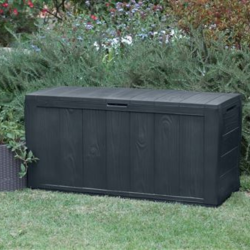 Sherwood coffre de rangement de jardin extérieur 270 L en plastique et résine imperméable, aspect bois grafite, gris anthracite