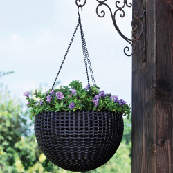 Pot de fleurs suspendu sphère en plastique imitation rotin avec chaîne, anthracite (229545)