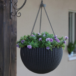 Pot de fleurs suspendu sphère en plastique imitation rotin avec chaîne, anthracite (229545)