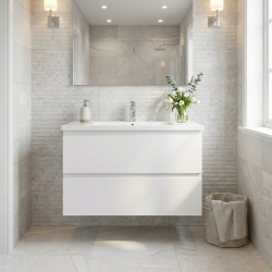 B-Way 59x50x45 cm meuble de salle de bain suspendu 2 tiroirs avec lavabo en marbre coulé, blanc brillant (BWAY260WU)