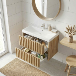 Meuble de salle de bain suspendu 80 × 56 × 46 cm avec lavabo Verso chêne mat SAT Delano