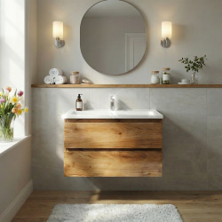 B-Way 99x50x45 cm meuble salle de bain suspendu 2 tiroirs avec lavabo en marbre coulé, chêne mat (BWAY2100OAKU)