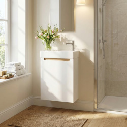 Meuble lave-mains suspendu gain de place 39 x 60 x 22 cm avec lavabo en céramique – blanc – Naturel Stilla