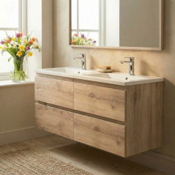 Swiss Aqua Technologies B-Way 119x50x45 cm meuble suspendu + double vasque semi-encastrée en marbre coulé 120x46x27 cm, chêne mat (BWAY2120OAKU)