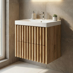 Meuble de salle de bain suspendu 60x56x46 cm - chêne mat - façade à lattes - 2 tiroirs - Delano SAT