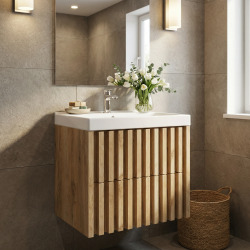 Meuble de salle de bain suspendu 60x56x46 cm - chêne mat - façade à lattes - 2 tiroirs - Delano SAT