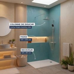 Pack Douche Complet – Paroi Walk-In 100x200 Chrome + Colonne Grohe Vitalio 2 Jets + Receveur Marbre Coulé Blanc 120x80 (SAT100C8