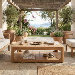 Table basse de jardin en teck massif, 122x86x35 cm, deux plateaux et angle arrondie (NATOFTB12286S)