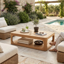Table basse de jardin en teck massif, 122x86x35 cm, deux plateaux et angle arrondie (NATOFTB12286S)