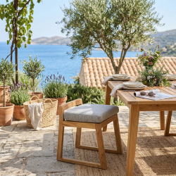 Chaise de table extérieur en teck massif, 50x59.5x56 cm, avec coussins gris perlé, sans dossier (NATOFCH50S)
