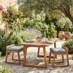 Naturel Lot de 2 chaises en teck massif avec coussins gris sans dossier – style chic terrasse piscine (NATOFCH50S-DUO)